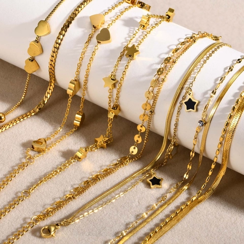 Pulsera Para Mujer Oro Chapado Acero Inoxidable Doble Capa Cadena Serpiente Colgante Corazon Zircon Joyeria Moda Geometrica