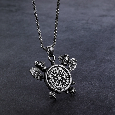 Viking Necklace Stainless Steel Vegvisir Compass Rune Pendant Odin Axe Retro Nordic Mythology Jewelry For Men Distressed