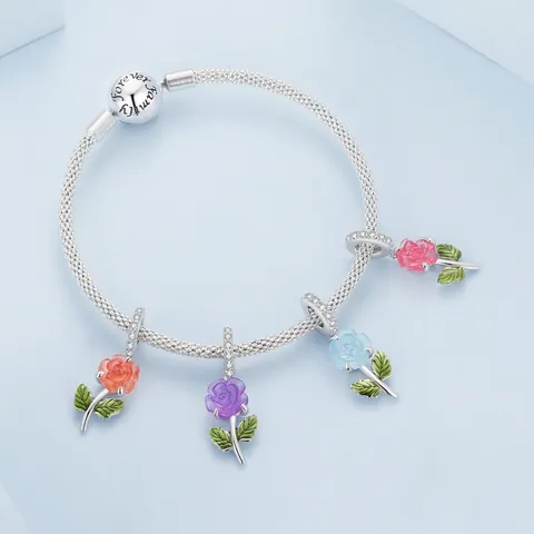 Dije Flor Rosa Plata De Ley 925 Cambio Color UV Sensible A La Luz Esmalte Hoja Circón Joyas DIY Pulsera