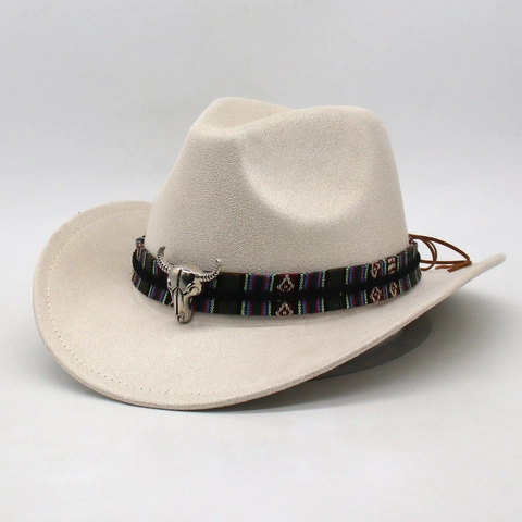 Western Cowboy Hat Faux Suede Retro Ethnic Woven Band With Bull Head Metal Accessory Wide Rolled Brim Vintage