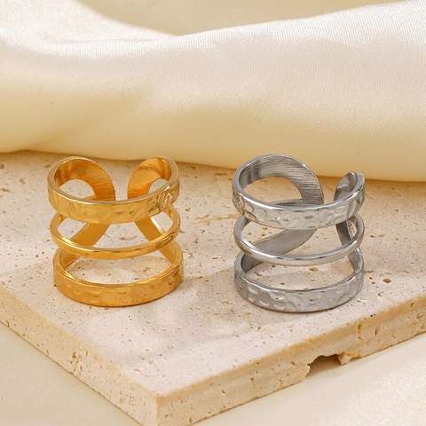 Ring Edelstahl Damen 18K Vergoldet Mehrlagig Hammerschlag Textur Verstellbar Offen Band Mode Hip Hop Schmuck