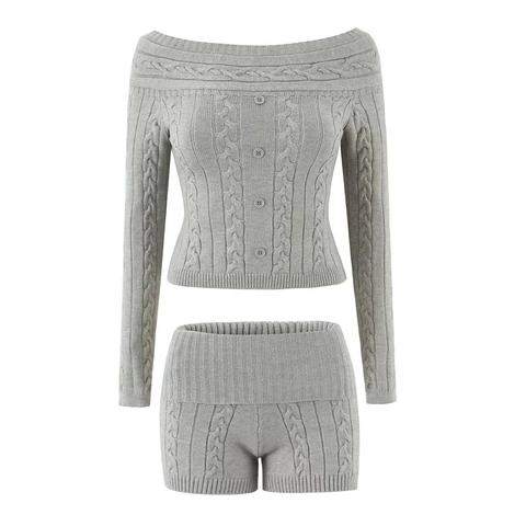 Women Off Shoulder Cable Knit Long Sleeve Sweater And Matching Shorts Casual Streetwear Polyester