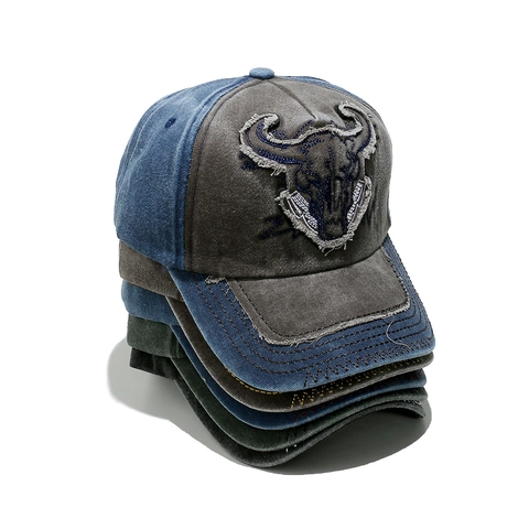 Cappello Da Baseball In Cotone Lavato Vintage Con Ricamo Teschio Di Toro Berretto Sole Retro Hip Hop Regolabile