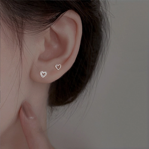 Orecchini A Lobo Cuore Argento Fino S999 Zircone Scintillante Smalto Nero Lucidato Liscio Gioielli Minimalisti Donna