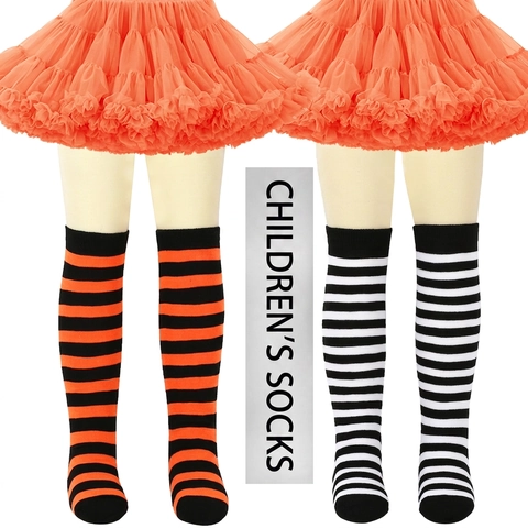 Kids Over The Knee High Socks Striped Solid Color Knit Stockings For Girls Cosplay Christmas Party