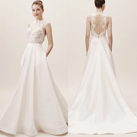 Elegant Women White Lace Halter Wedding Dress Sleeveless Satin Backless A-Line Bridal Gown With Pocket Button Detail