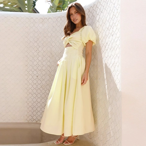 Abito Midi Sexy Da Donna Poliere Maniche A Sbuffo Nodo Intrecciato Schiena Scoperta Vacanze Estive Giallo