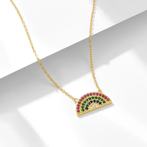 Rainbow Pendant Necklace 925 Sterling Silver With Colorful Zircon Geometric Gold Plated Fashion Jewelry For Women