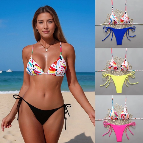 Women Bikini Halter Triangle Top And Side Tie Bottom Tropical Banana Print Padded Beachwear Swimsuit