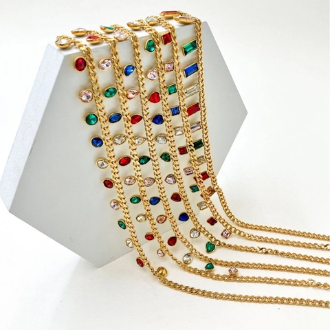 Stainless Steel Colorful Rhinestone Fringe Necklace For Women Trendy Heart Waterdrop Round Pendant Gold Plated Chain Jewelry Gift