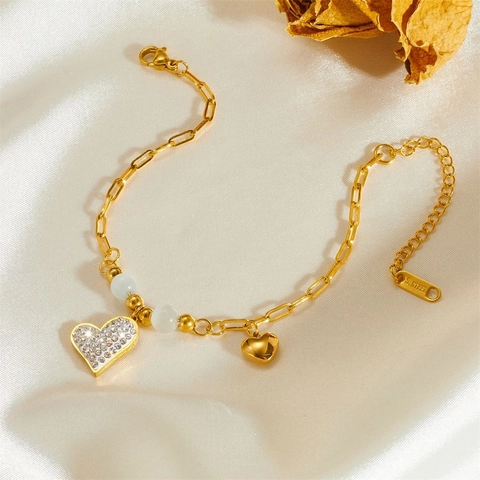 Bracciale Con Ciondolo A Cuore Acciaio Inossidabile Pietra Occhio Di Gatto Strass Placcato Oro Gioielli Eleganti