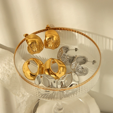 Onregelmatige Lava Textuur Oorbellen Roestvrij Staal 18K Verguld Geometrische Minimalistische Chunky Hoop Voor Dames
