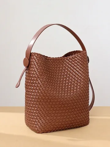 Woven Bucket Bag PU Leather Large Capacity Retro Shoulder Handbag With Inner Pouch For Women