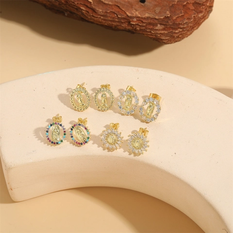 Virgin Mary Stud Earrings 14K Gold Plated Copper With Zircon Religious Vintage Style Jewelry For Women