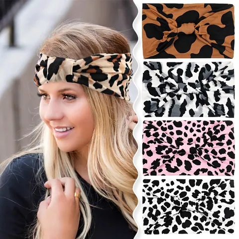 Wide Sport Headband Elastic Knitted Fabric Cross Knot Hairband Leopard Paisley Tie-Dye Print For Yoga Workout Makeup
