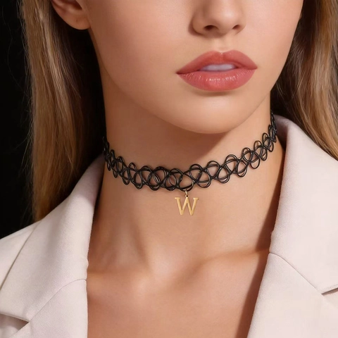 Vintage Handmade Woven Fishline Choker Necklace With Stainless Steel Gold Initial Alphabet Letter Pendant For Women Gothic Jewelry