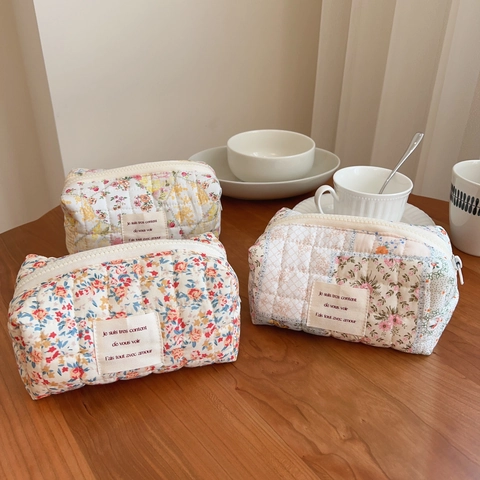 Borsa Da Toilette In Cotone Trapuntato Floreale Organizzatore Da Viaggio Pochette Con Cerniera Stile Pastorale Fresco