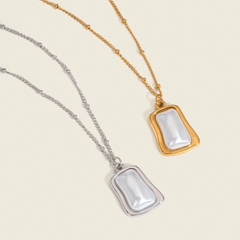 Stainless Steel Gold Plated Necklace Irregular Square Shell Artificial Pearl Pendant Vintage French Style Waterproof Jewelry For Women