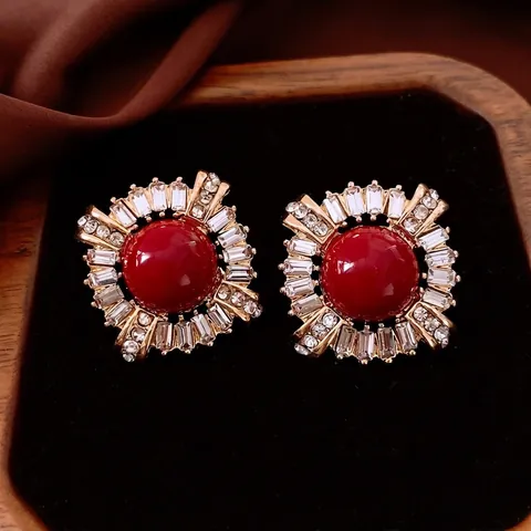 Orecchini Vintage Cabochon Rosso Zircone Sunburst Lega Con Perno In Argento Sterling 925 Lusso Retro Per Donne