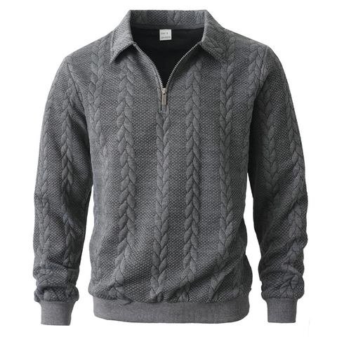 Suéter De Punto Trenzado Para Hombre Manga Larga Cuello Polo Con Cremallera Casual Color Sólido Poliéster