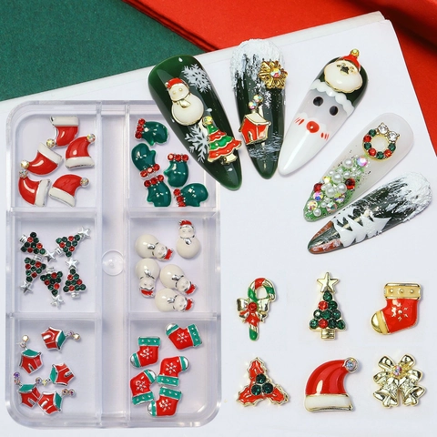 Dijes De Arte De Uñas De Navidad De Aleación Esmalte Rhinestone Para Manicura DIY Decoración De Vacaciones Papá Noel Árbol De Navidad Copo De Nieve Mix