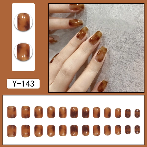 Amber Tortoiseshell Press On Nails Gradient Smudge Semi-Transparent Caramel Brown Square Round Glossy Artificial Finger Nails