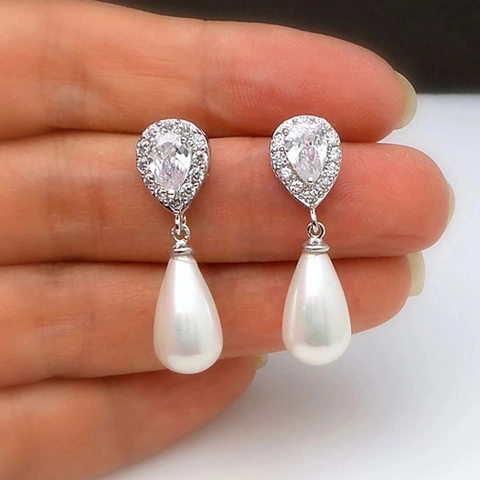 Elegante Druppel Kunstparel Oorbellen Koper Zirkoon Bruiloft Sieraden Voor Vrouwen Bruidsmeisje Cadeau