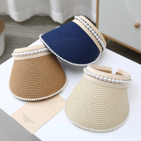 Sombrero De Visera De Paja De Verano Con Decoración De Perlas Artificiales Ala Grande Protección Solar Playa Sombrero Para Mujeres