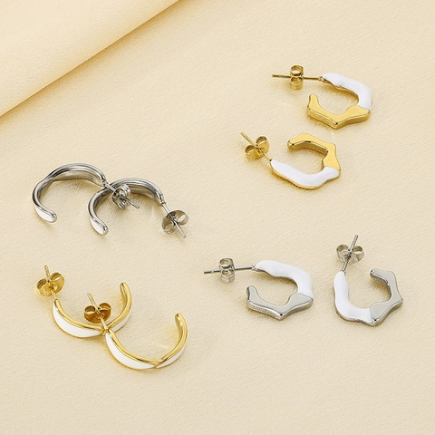 Pendientes De Aro En Forma De C Acero Inoxidable Con Esmalte Blanco Geométrico Onda Irregular Joyas Para Mujer