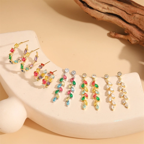 Fashion Copper Colorful Zirconia Leaf Heart Hoop Earrings For Women 14K Gold Plated Luxury Stud Earring Jewelry Gift