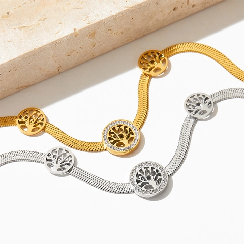 Bracciale Albero Della Vita Acciaio Inossidabile Strass Ciondoli Tondi Cavi Catena Serpente Gioielli Moda Regalo Donna