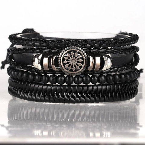 Bracelet Homme Cuir De Vache Tressé Alliage Métal Charme Soleil Perles Bois Ajustable Bijoux Punk Rétro
