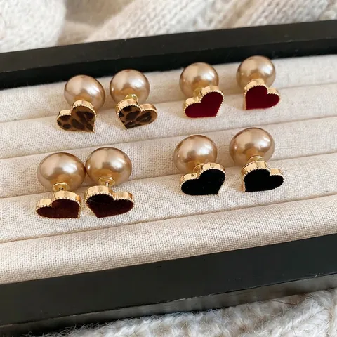 Pendientes De Botón De Corazón Flocado Con Estampado De Leopardo Y Perla Artificial Sintética Estilo Retro Poste De Plata Para Mujer