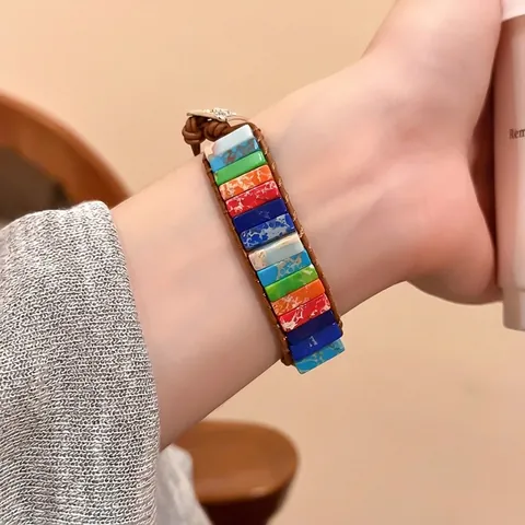 Bracciale In Pelle Intrecciata Bohémien Con Perle In Pietra Naturale Quadrate Colorate E Bottone In Lega Vintage Per Donna