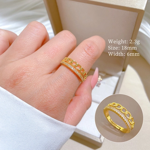 Anillo Aperto Doppio Strato In Rame Placcato Oro Design A Catena Micro Pavé Zirconia Gioielli Minimalisti Regolabili