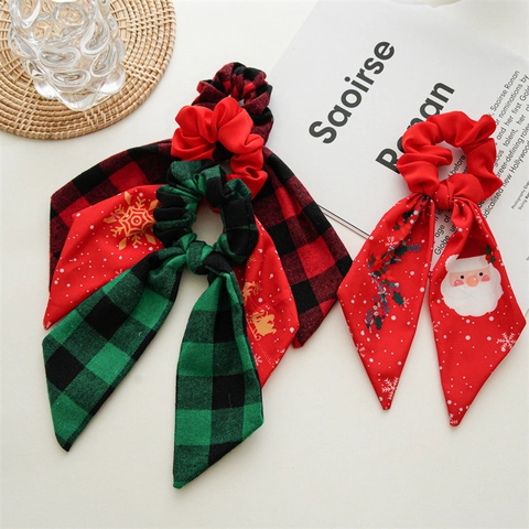 Kerst Scrunchies Lange Streamer Strik Elastische Stof Haarelastiekjes Feestdag Ruit Kerstman Sneeuwpop Patronen Dames