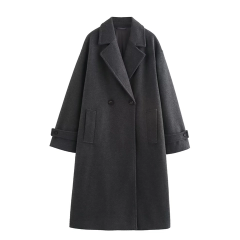 Abrigo Largo De Lana Para Mujer Doble Botonadura Cuello Solapa Ajuste Holgado Elegante Color Sólido Invierno Cálido Sobretodo