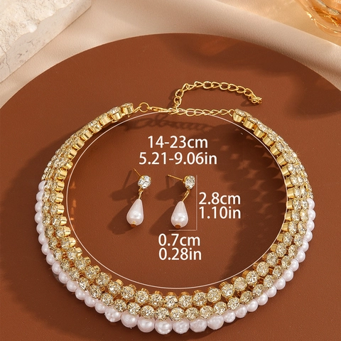 Elegante Conjunto De Collar Choker De Capas De Cobre Y Pendientes Con Perlas Artificiales Y Diamantes De Imitación Joyería De Fiesta