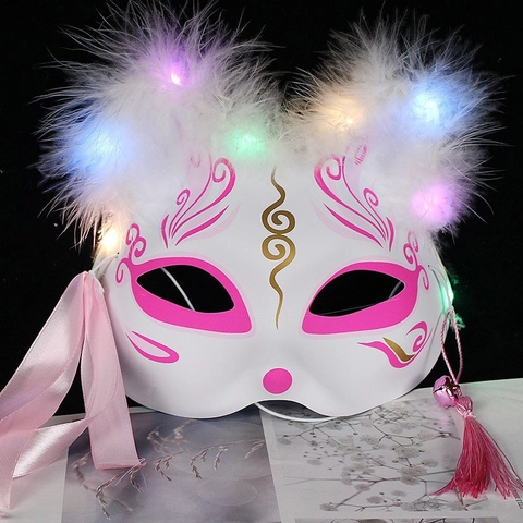 Máscara De Zorro Japonés Con Luces LED Plumas Borla Campana Cosplay Anime Máscara Para Fiesta