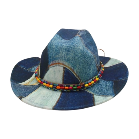 Cappello Fedora Cowboy In Denim Patchwork Stile Western Vintage Con Fascia Di Perline Colorate Protezione Solare