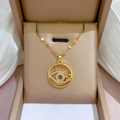 Evil Eye Pendant Necklace Titanium Steel Chain Micro Paved Copper Zirconia Blue Stone Eyelash Round Jewelry For Women
