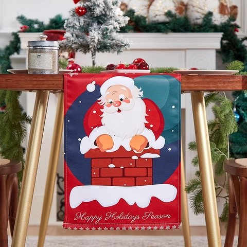 Christmas Table Runner Holiday Home Dining Decor Cartoon Santa Claus Chimney Print Polyester Linen Festive Cloth