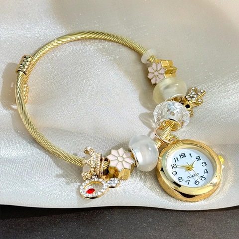 Women Fashion Adjustable Gold Alloy Bangle Bracelet Quartz Watch With Beaded Charm Flower Heart Wing Pendant Jewelry Gift