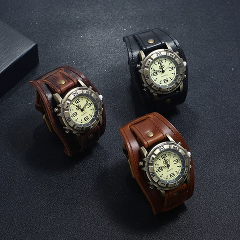 Retro Punk Genuine Cowhide Leather Bracelet Watch Quartz Movement Bronze Alloy Wide Cuff Strap Vintage Hip Hop Wristband