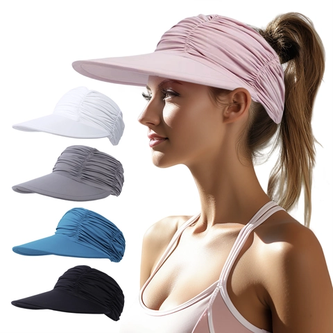 Women Sun Visor Hat Wide Brim UV Protection Ruched Elastic Headband Summer Outdoor Sport Nylon Spandex Lightweight