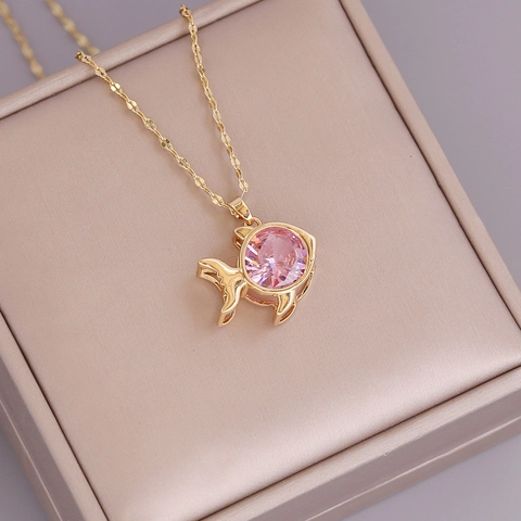 Cute Fish Pendant Necklace 18K Gold Plated Copper With Pink White Zircon Animal Jewelry For Women Ins Style