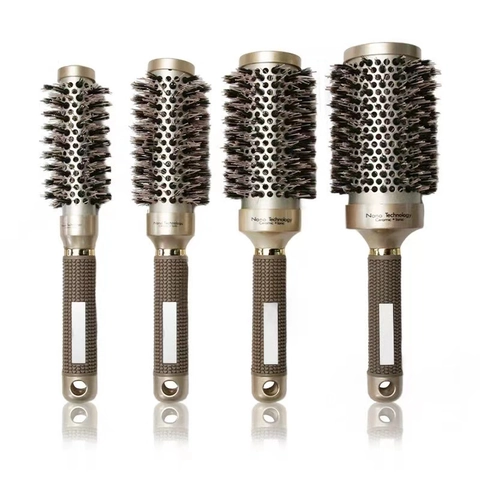 Round Hair Brush Ceramic Ionic Boar Bristle Nylon Pins Nano Technology Thermal Styling Barrel Comb Anti Slip Handle