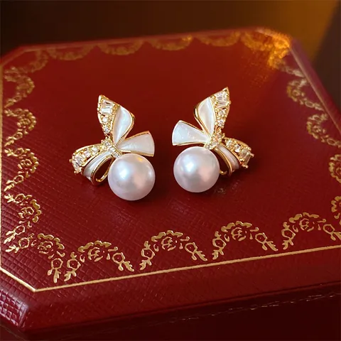 Bow Knot Artificial Pearl Stud Earrings With Cubic Zirconia Enamel Gold Plated Alloy And 925 Sterling Silver Earring Post Elegant