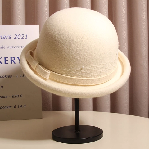 Sombrero Bowler De Fieltro De Lana Para Mujer Vintage Francés Elegante Borde Enrollado Con Lazo Velo De Malla Perlas Artificiales