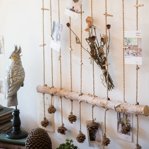 Wall Hanging Photo Display Rack Natural Birch Wood Branches Hemp Rope Wooden Clips Pine Cones Rustic Forest Decor